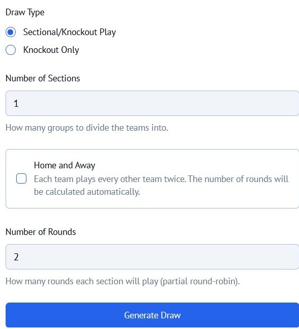 A screen showing a generated competition draw